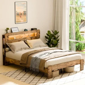Rustic Wood King Bed Frame with USB Ports & AC Outlets